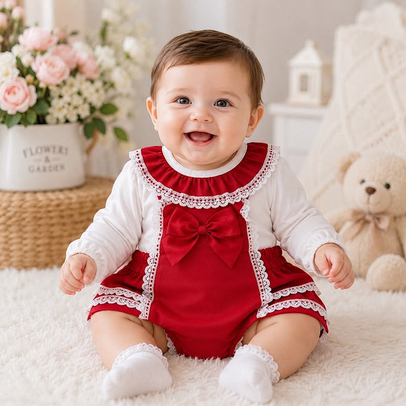 Elegant Lace Baby Romper - Red