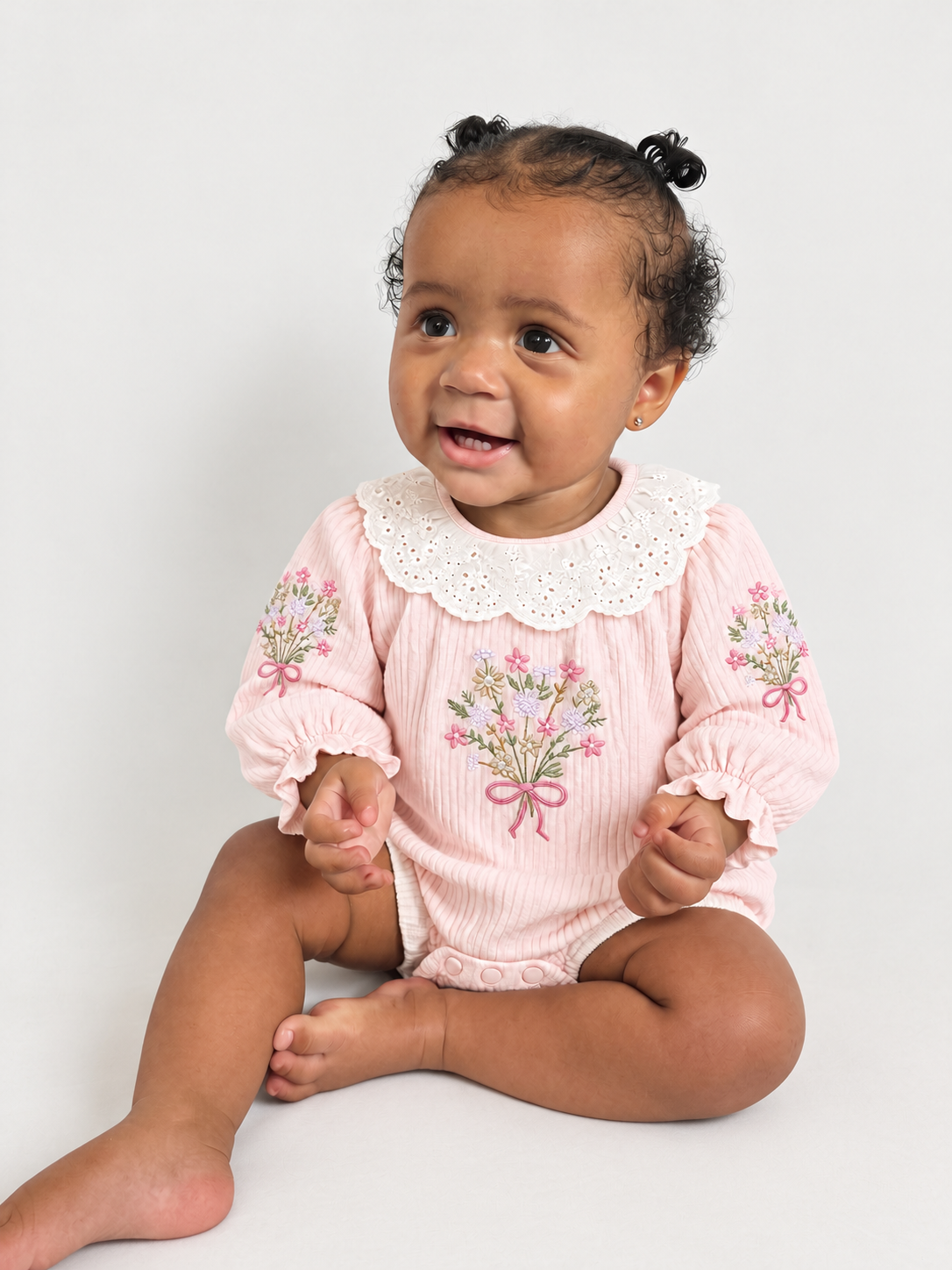 Baby Girls 2pc Spanish Floral Embroidered Lace Romper & Headband Set