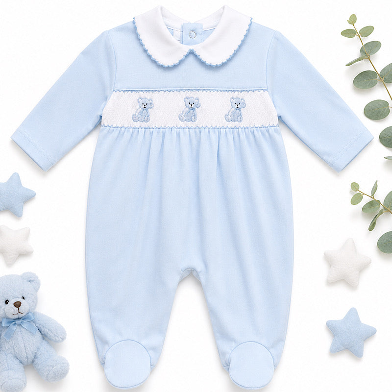 Baby Blue Smocked Fox Sleepsuit 0-3M