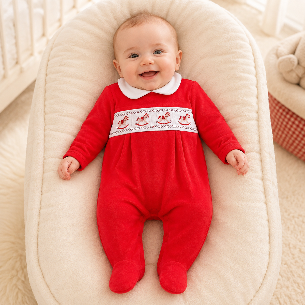 Unisex Red Velour Smocked Rocking Horse Sleepsuit