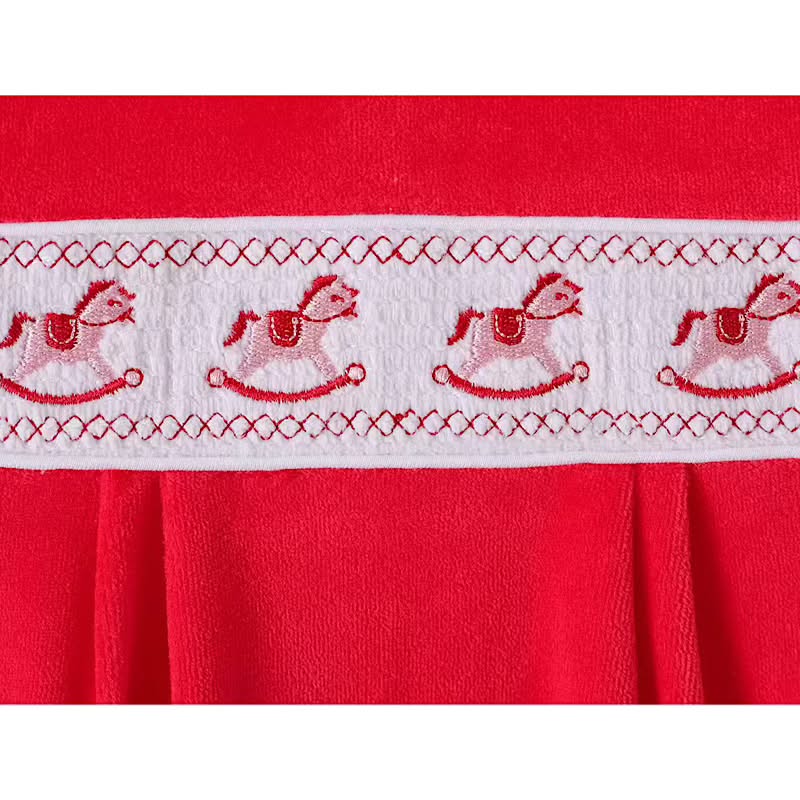 Unisex Red Velour Smocked Rocking Horse Sleepsuit