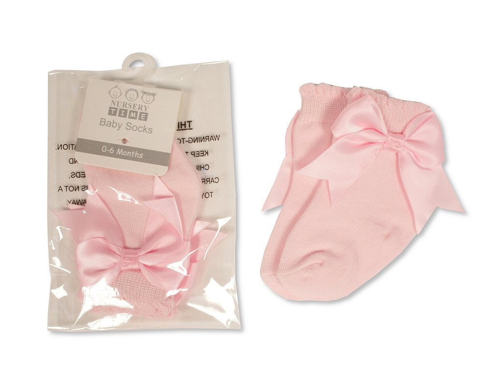 Satin Bow Scallop Socks 0-18M - Pink