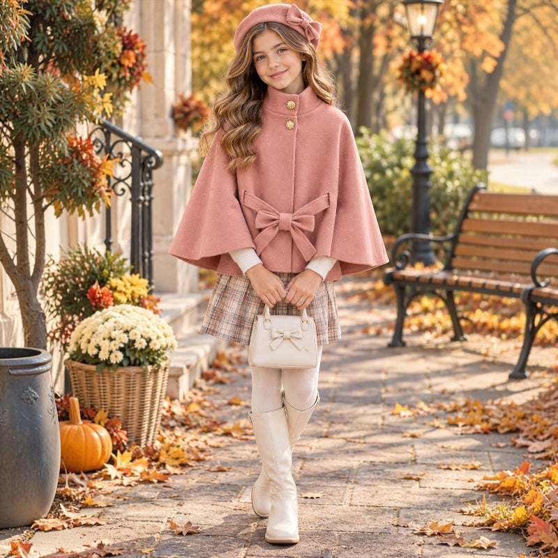 Girls Bow Detail Cape & Beret Set