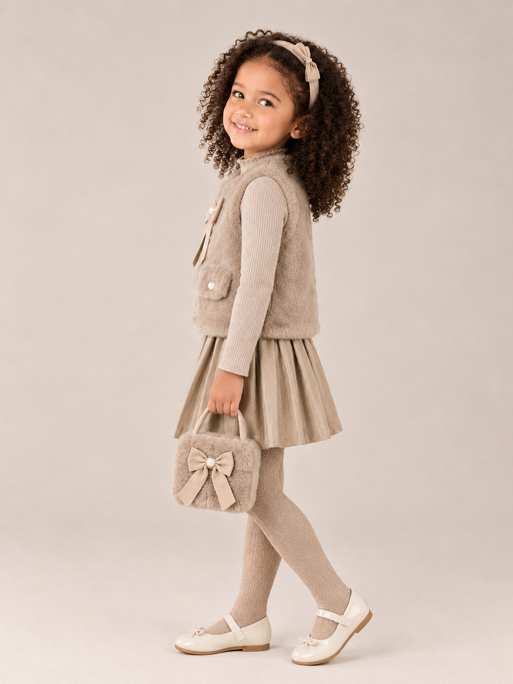 Girls 4pc Fur Gilet & Pleated Skirt Set with Purse