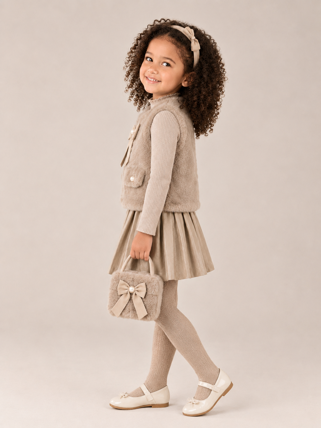 Girls 4pc Fur Gilet & Pleated Skirt Set with Purse