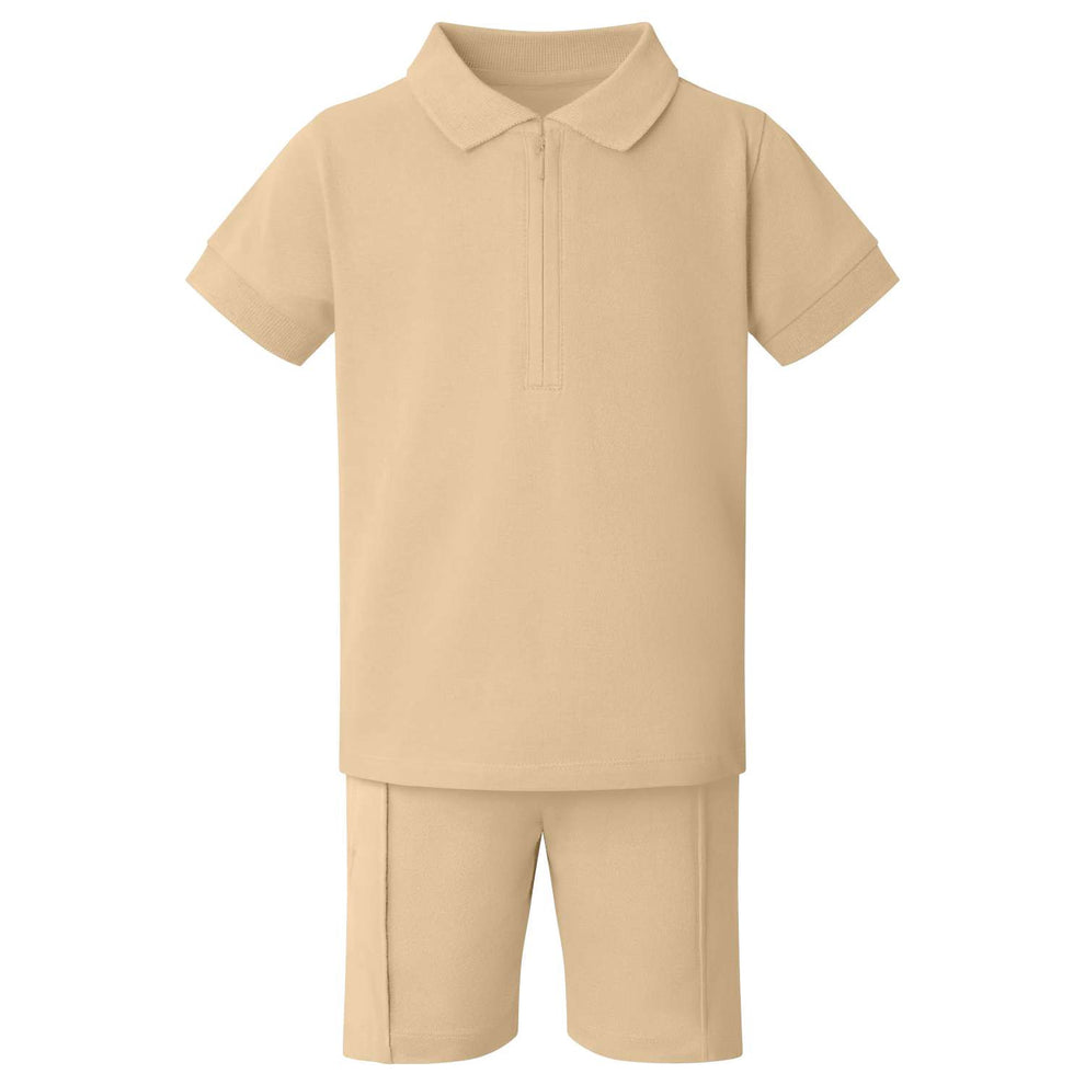 Boy's Zip Neck Polo Shirt and Short Set - Sand
