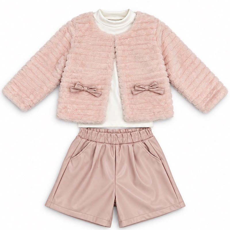 Girls' Pink Faux Fur Jacket, Top & Shorts Set 6-36M
