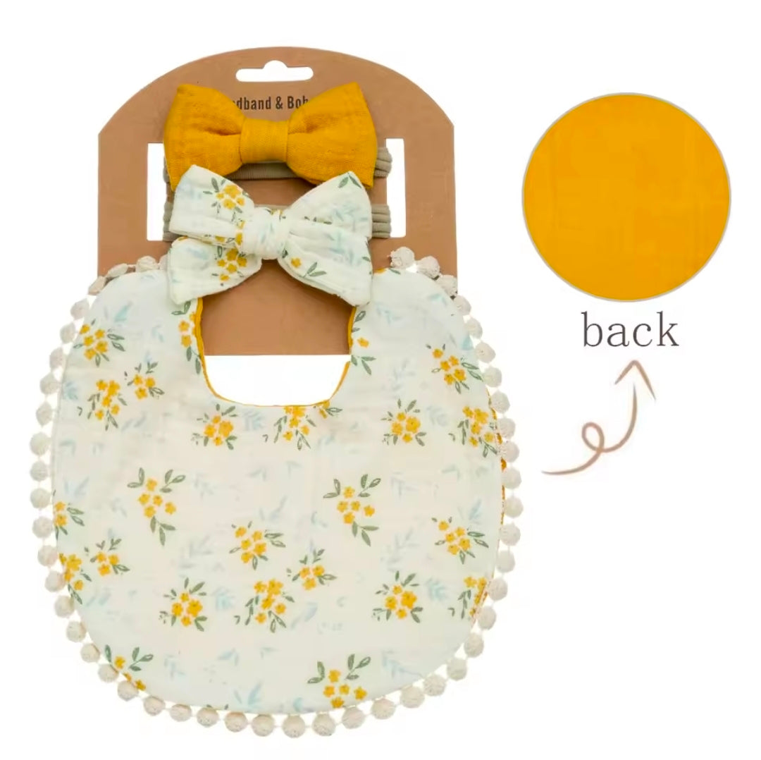 3pc Floral Bib & hair accessories - Yellow