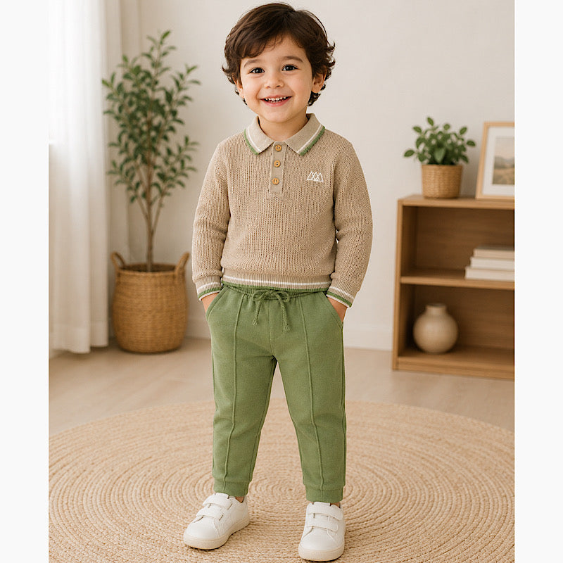 Boys Beige & Sage Green Knitted Polo Shirt & Trousers