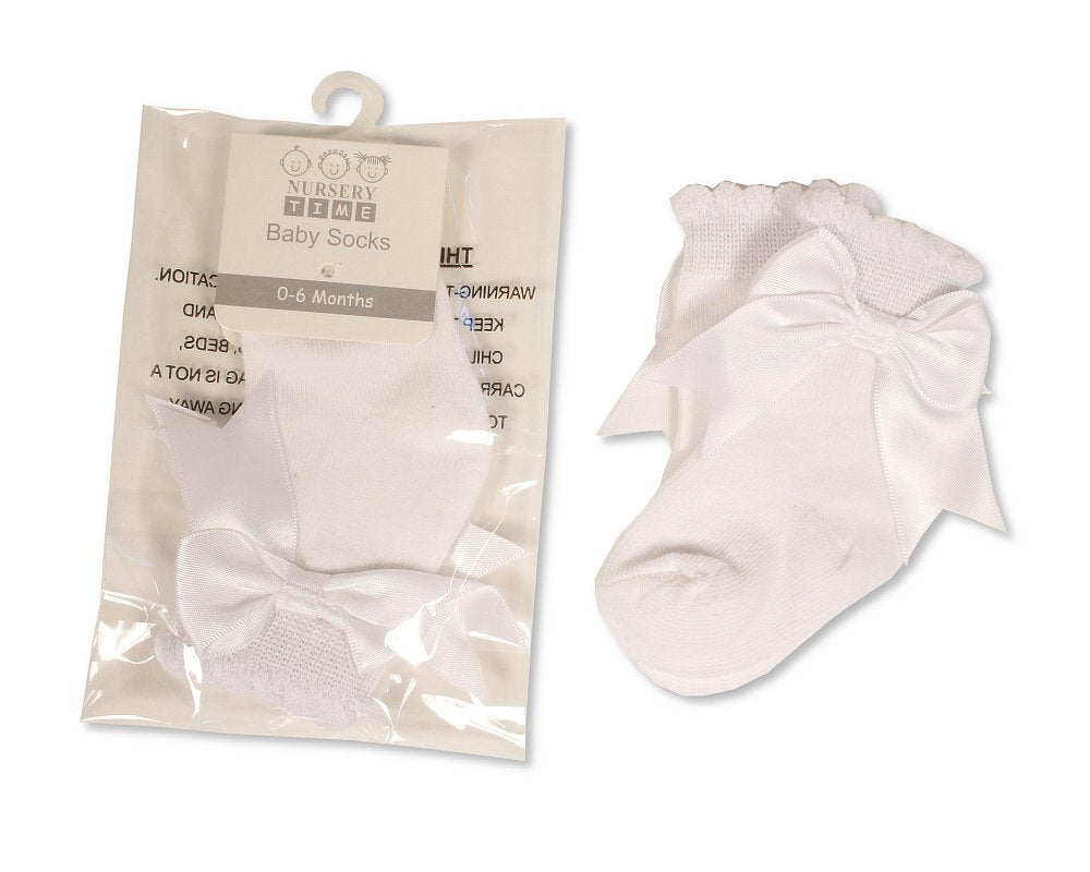 Satin Bow Scallop Socks 0-18M - White