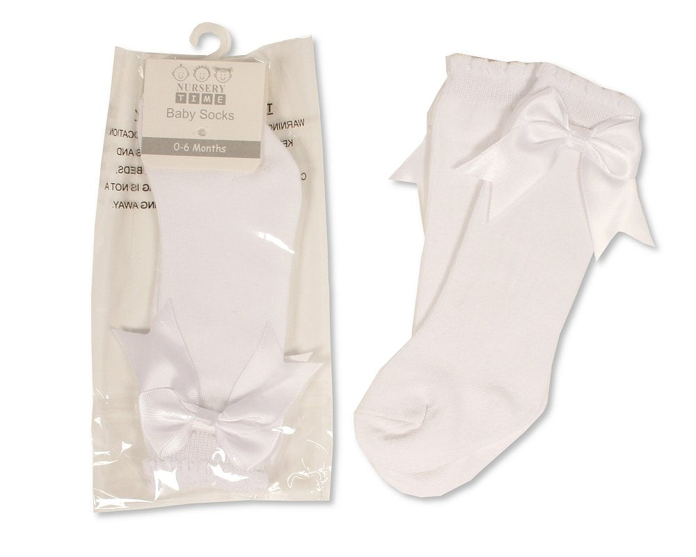 Satin Bow Knee HIgh Socks 0-18M - White