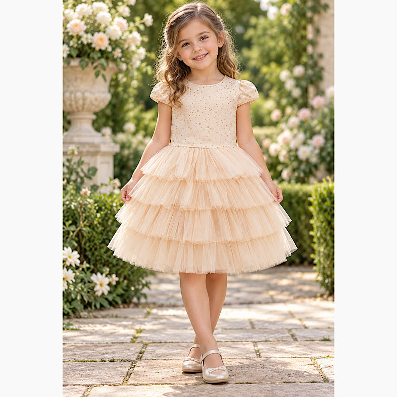 Champagne Glittered Tulle Peplum Party Dress 2-8 Years