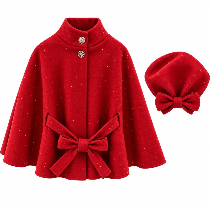 Girls Bow Detail Cape & Baret Set