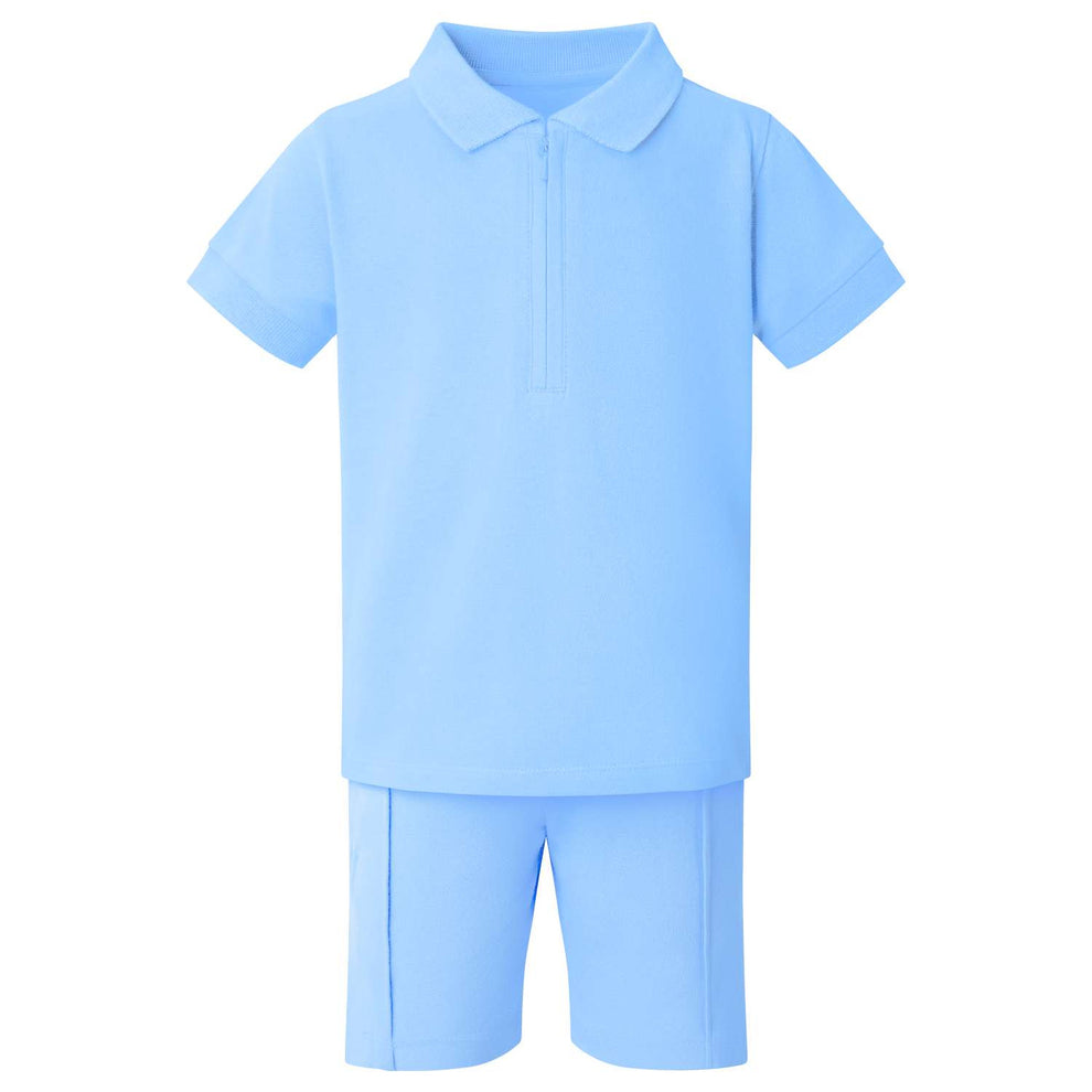 Boy's Zip Neck Polo Shirt and Short Set - Blue