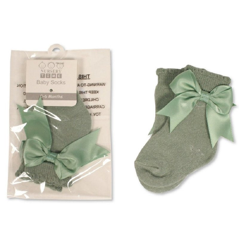 Satin Bow Scallop Socks 0-18M - Sage