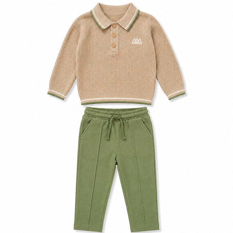 Boys Beige & Sage Green Knitted Polo Shirt & Trousers