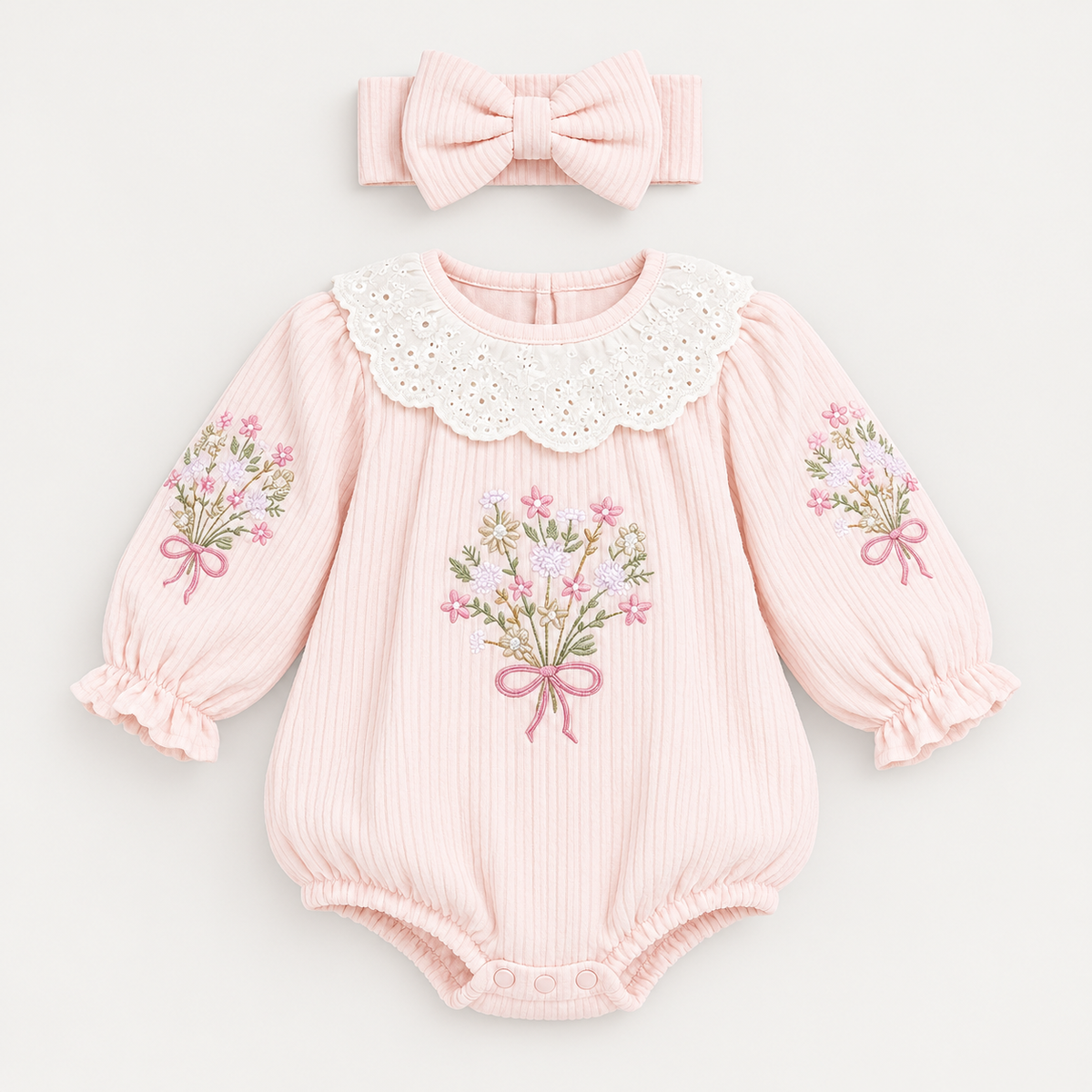 Baby Girls 2pc Spanish Floral Embroidered Lace Romper & Headband Set