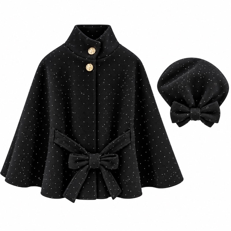 Girls Bow Detail Cape & Baret Set -black