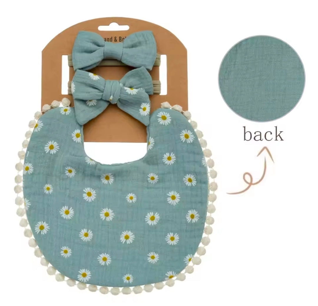 3pc Floral Bib & hair accessories - Blue