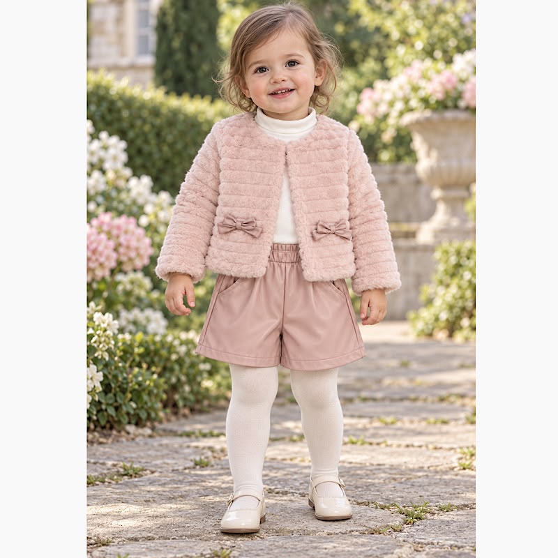 Girls' Pink Faux Fur Jacket, Top & Shorts Set 6-36M