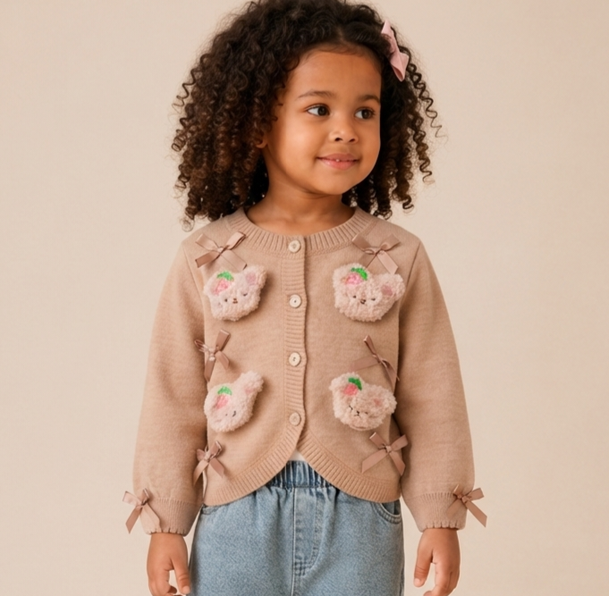 Teddy Bear Bow Cardigan - Camel