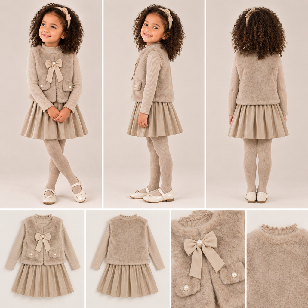 Girls 4pc Fur Gilet & Pleated Skirt Set with Purse
