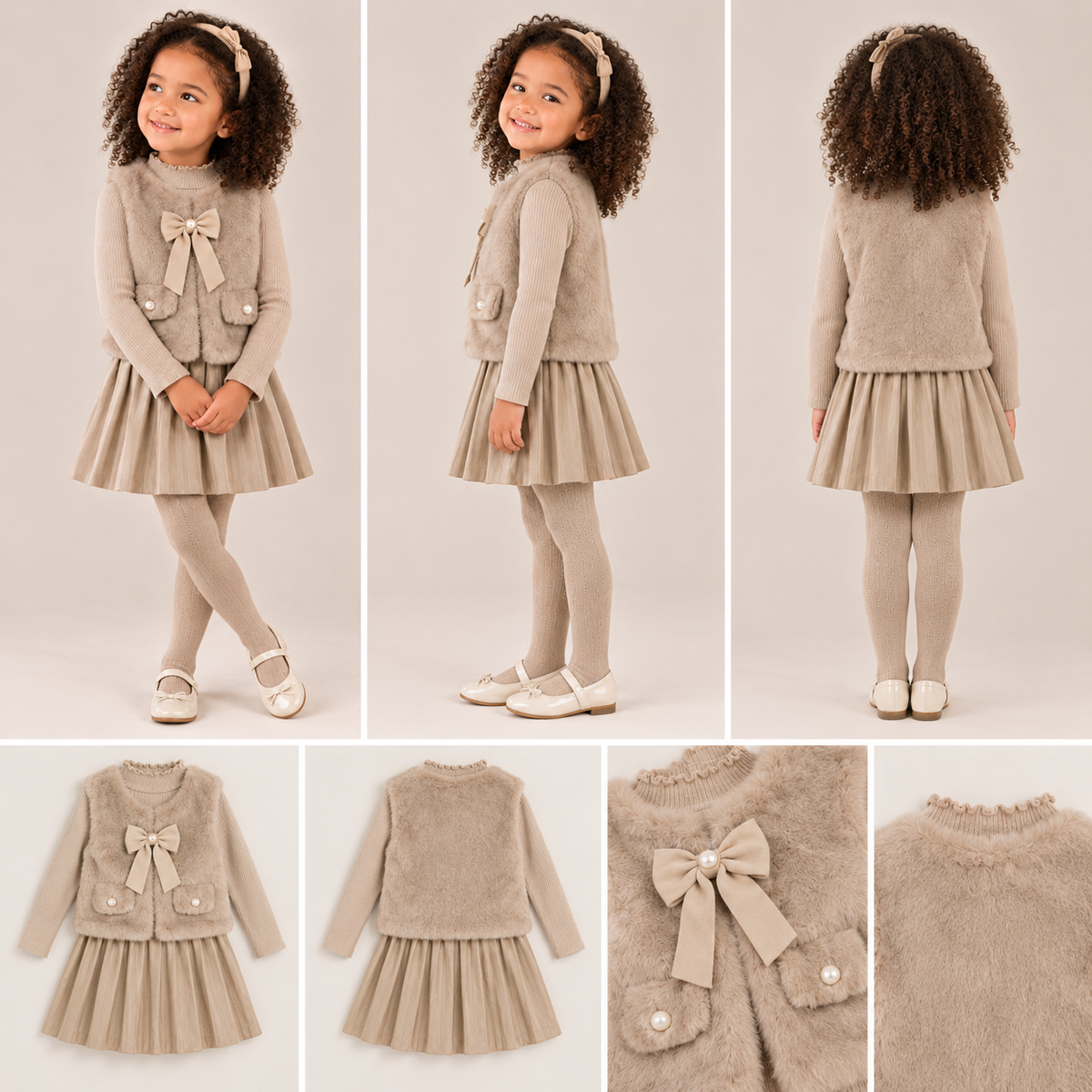 Girls 4pc Fur Gilet & Pleated Skirt Set with Purse
