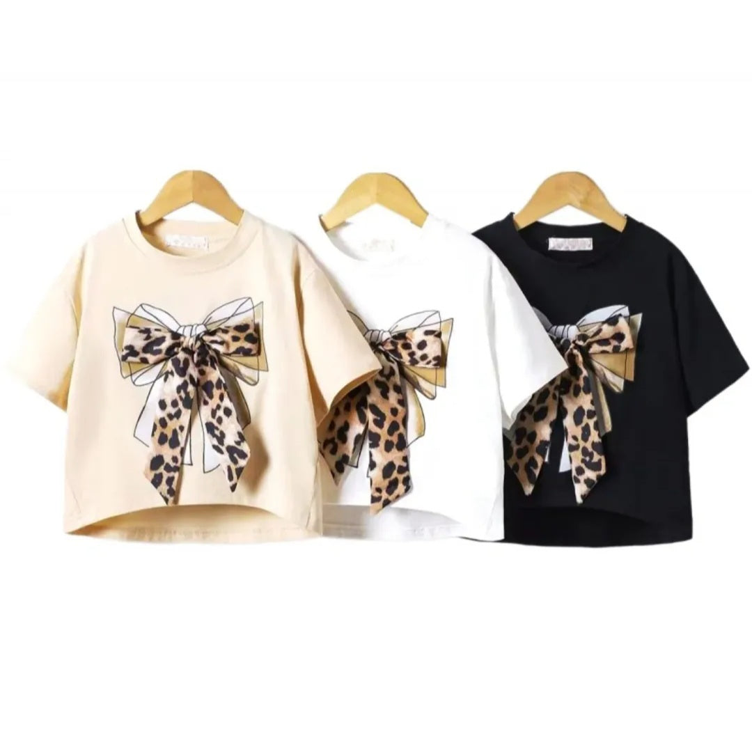 Leopard Print Bow Tshirt - Black
