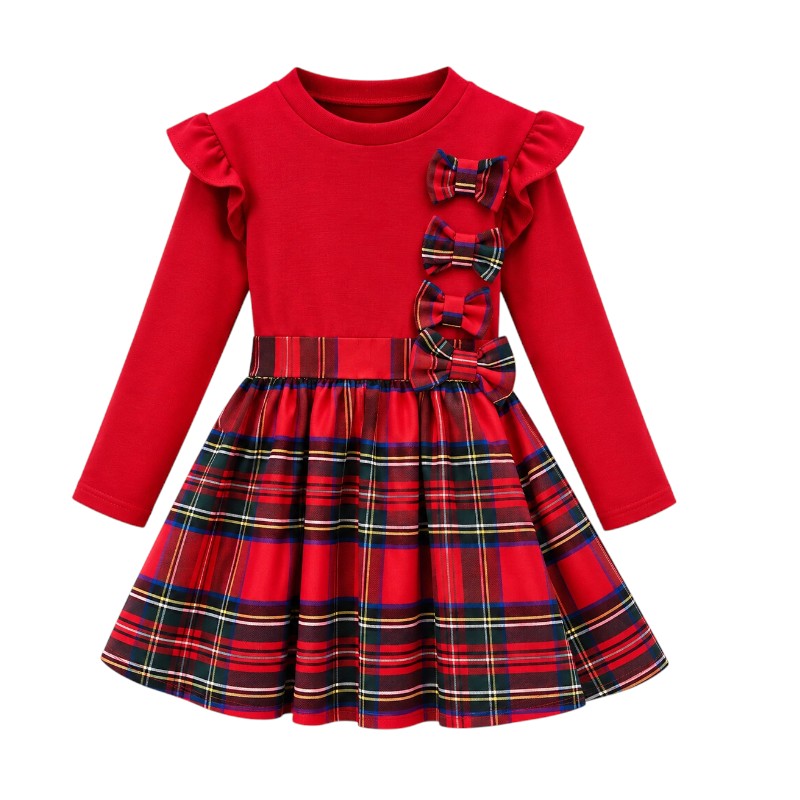 Girls Tartan Bow Long Sleeve Dress