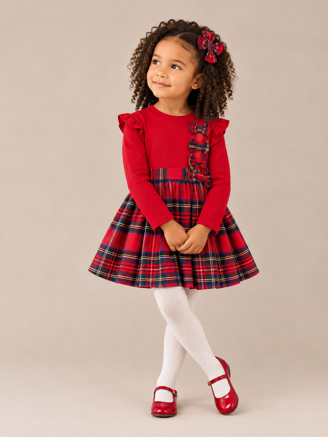 Girls Tartan Bow Long Sleeve Dress
