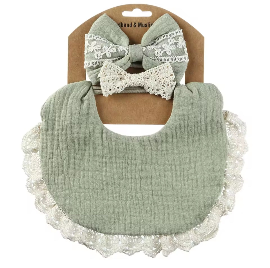 3pc Muslin Bib & Headband Set