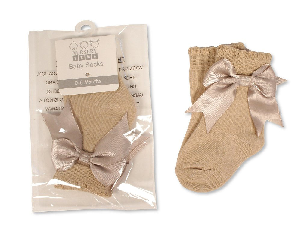Satin Bow Scallop Socks 0-18M - Camel