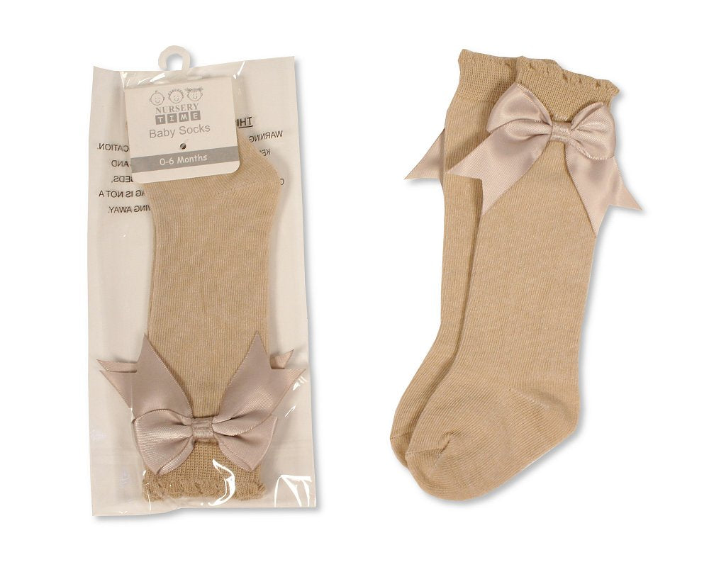 Satin Bow Knee HIgh Socks 0-18M - Camel