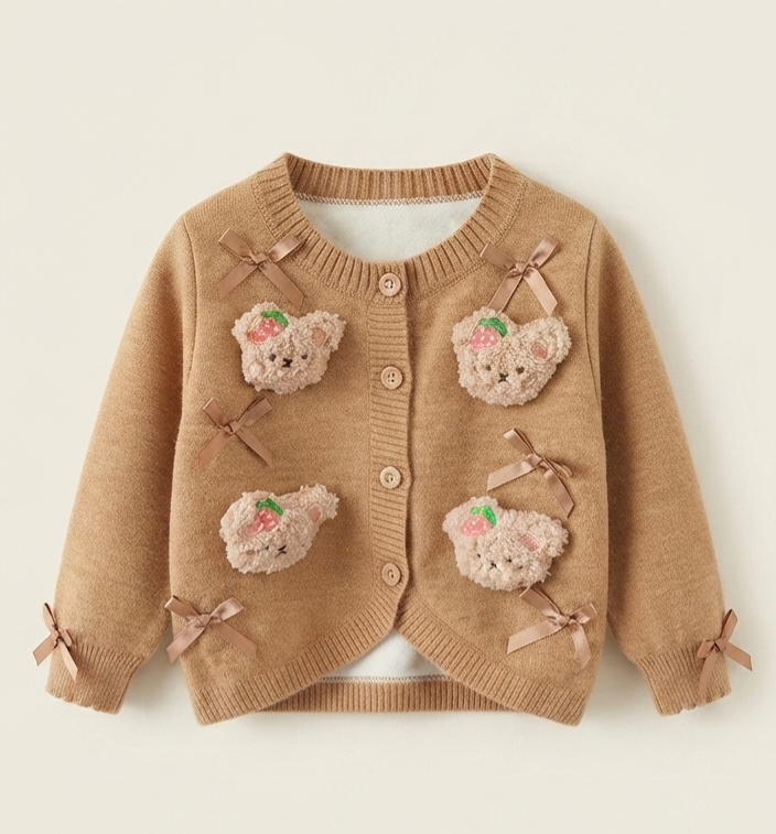 Teddy Bear Bow Cardigan - Camel
