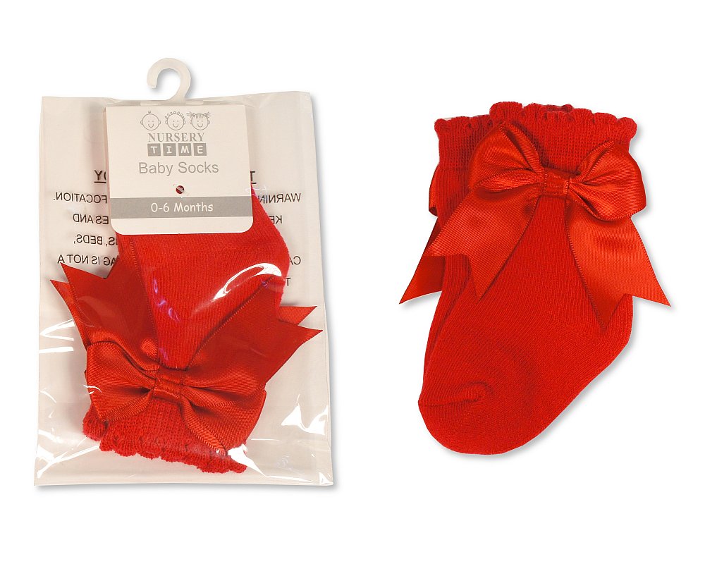 Satin Bow Scallop Socks 0-18M - Red