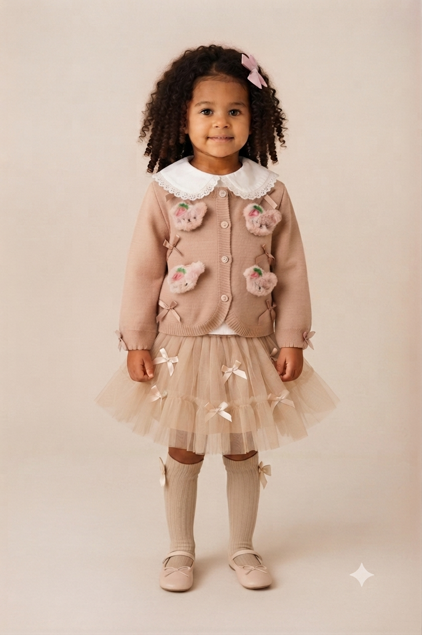 Teddy Bear Bow Cardigan - Camel