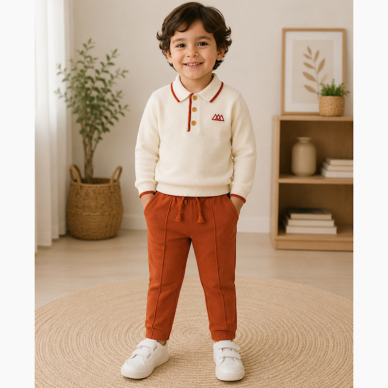 Boys Beige & Burnt Orange Knitted Polo Shirt & Trousers