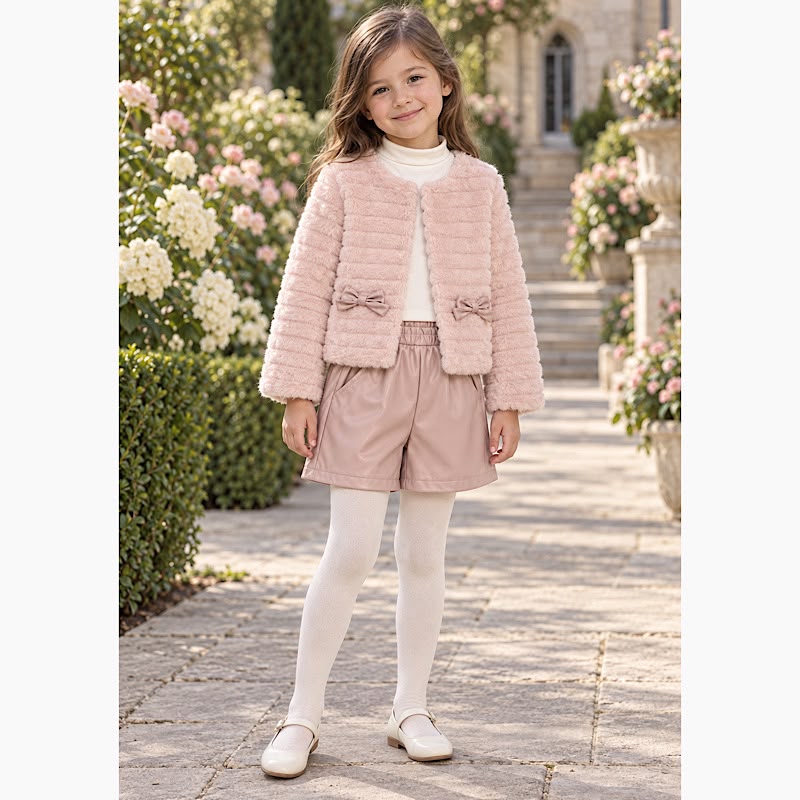 Girls' Pink Faux Fur Jacket, Top & Shorts Set 2-8 years