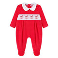 Unisex Red Velour Smocked Rocking Horse Sleepsuit