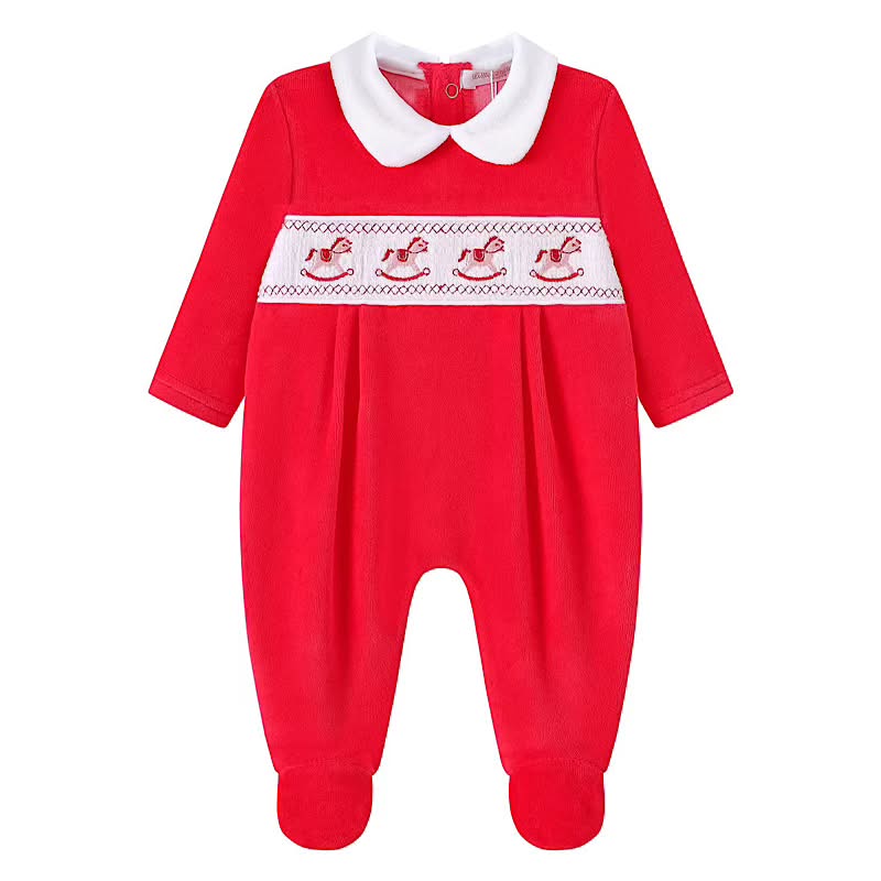 Unisex Red Velour Smocked Rocking Horse Sleepsuit