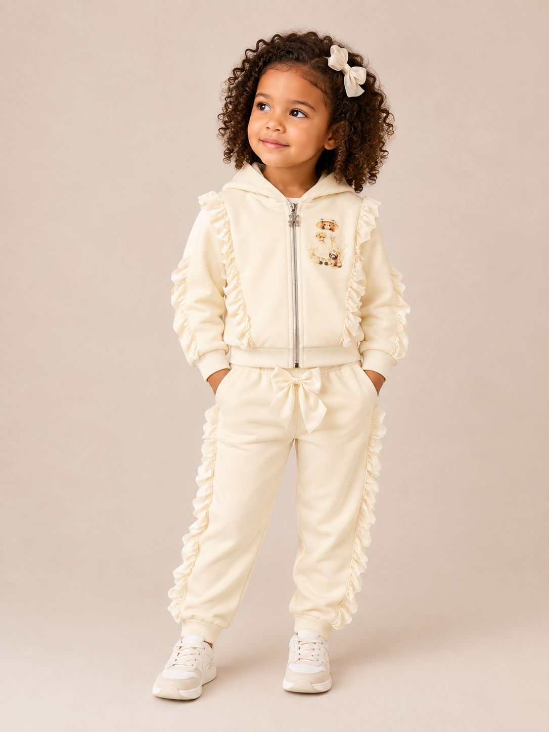 Girls Beige Frill Hooded Tracksuit Set with Lace Trim & Bow