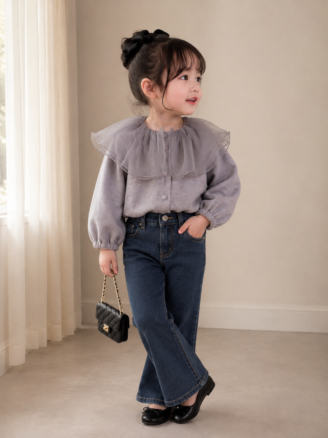 Tulle Collar Cardigan - Grey